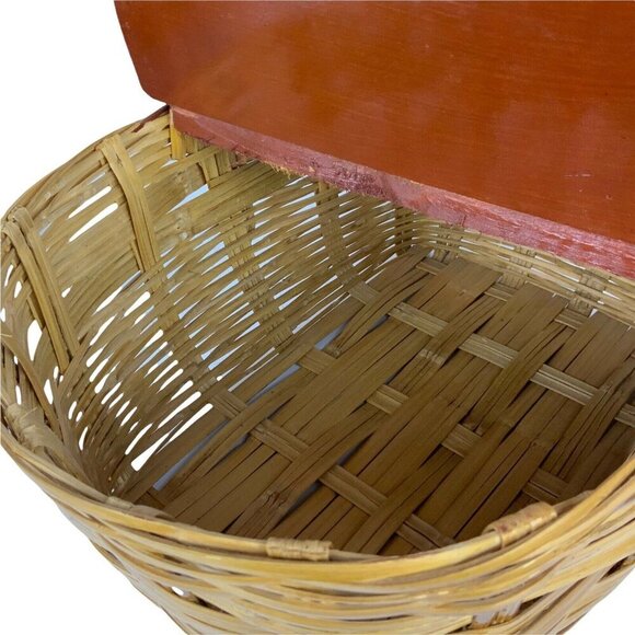 Vintage Wicker Picnic Basket With Wood Double Hinged Lid Farmhouse Style - Picture 7 of 12